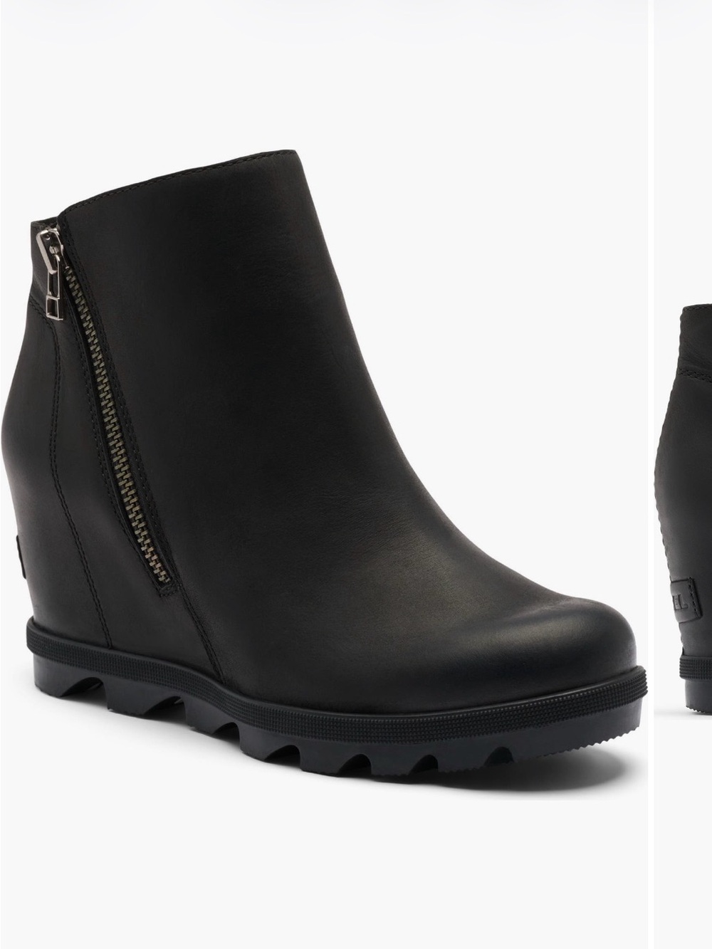 Sorel Joan Rhapsody Black Leather Wedge Ankle Bootie with Side Zip